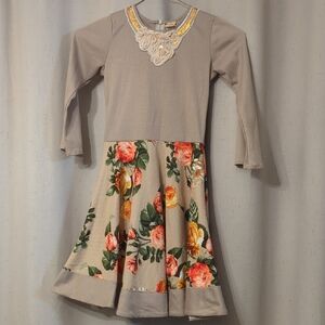 Beige Floral Long-Sleeve Skater Dress with Lace Detail